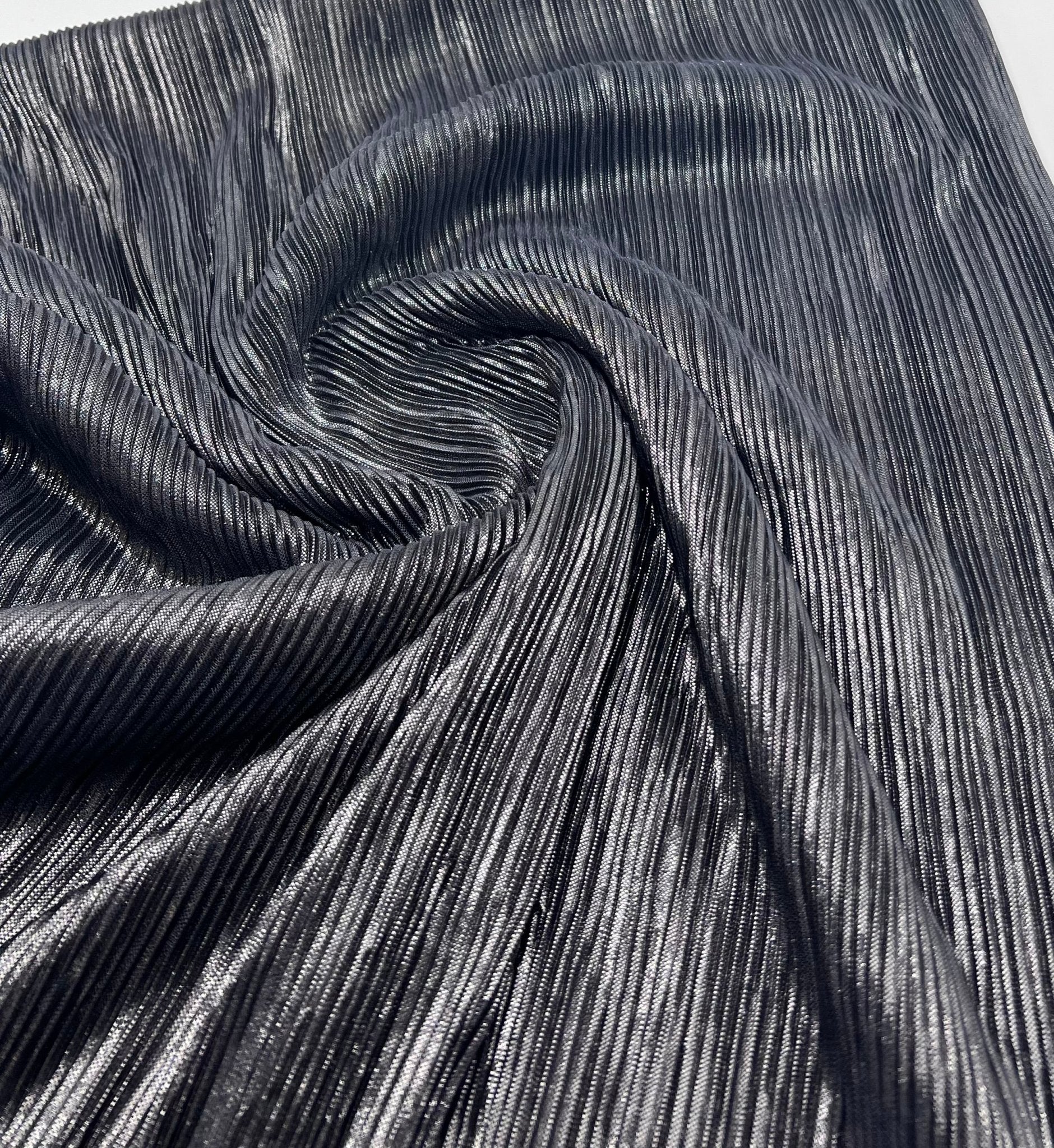 Grey Metallic Shiny Foil Plisse Pleated Stretch Fabric - T9 Fabrics